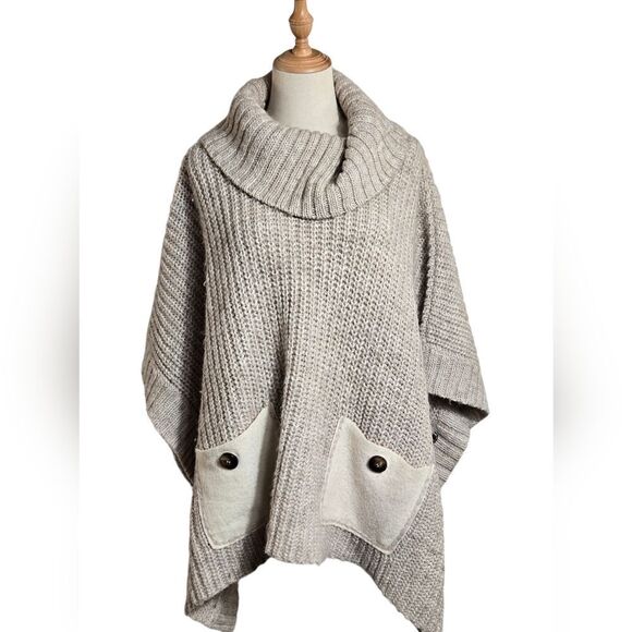 Moth Anthropologie Tan Cowl Neck Wool Alpaca Blend Wrap Poncho Sweater - Picture 1 of 8